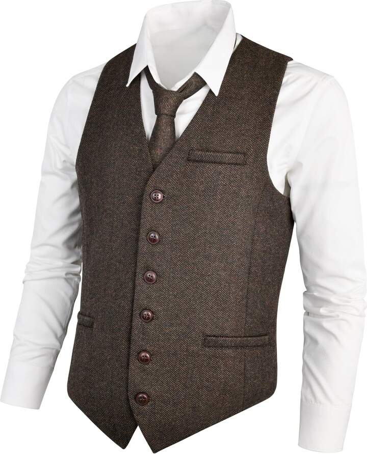 VOBOOM Men's Herringbone Wool Tweed Waistcoats Vests in Coffee ...