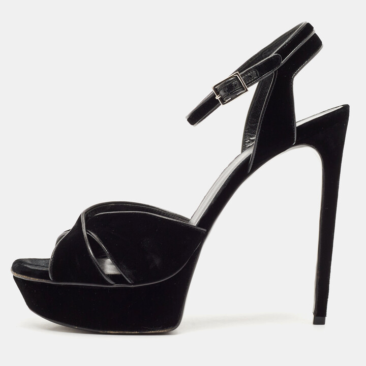 Saint Laurent Black Velvet Tribute Ankle Strap Sandals Size 41