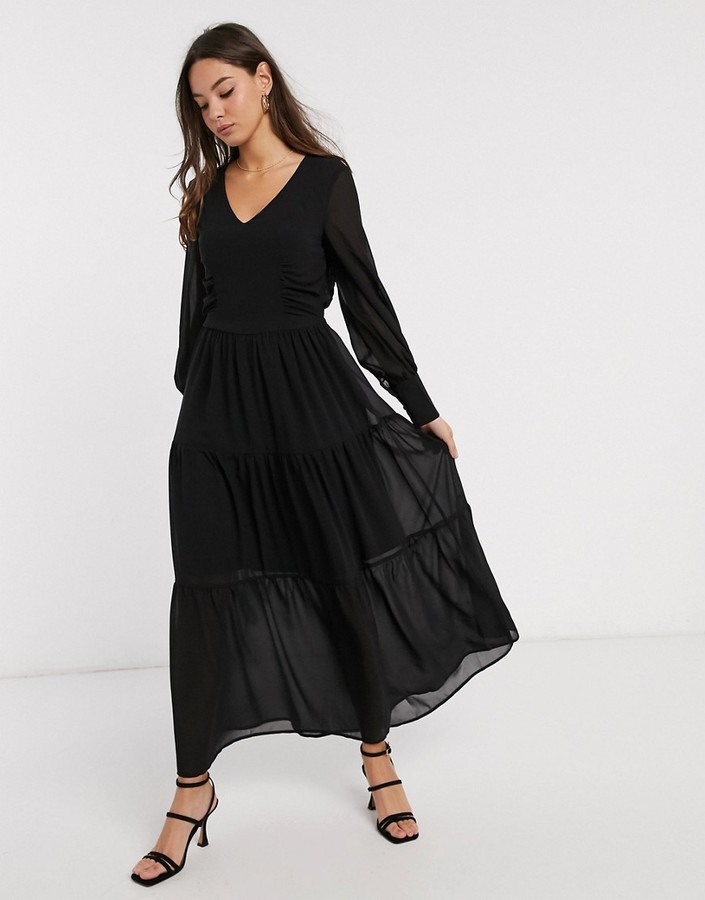 Vero Moda maxi dress with v neck and tiered skirt in black - ShopStyle