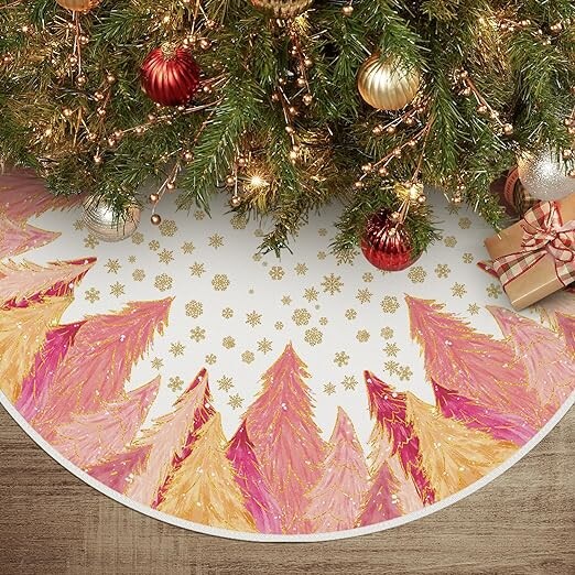AVOIN colorlife Snowflake Pink Christmas Tree Skirt 36 Inch, Winter Holiday Tree Mat Decoration