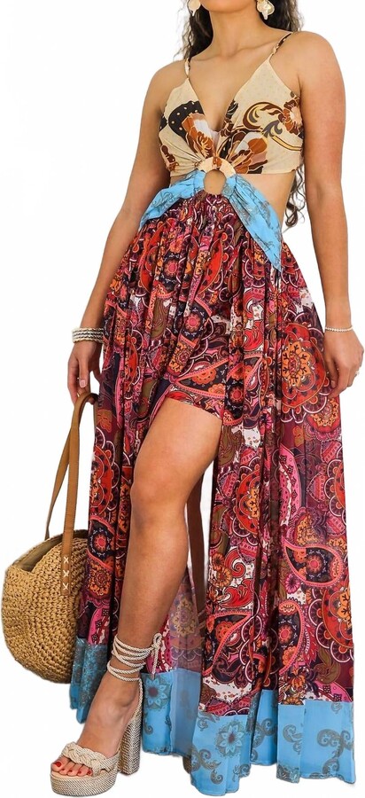 SurelyMine Boho Patchwork Cutout Maxi Dress With Side Slit In Multi