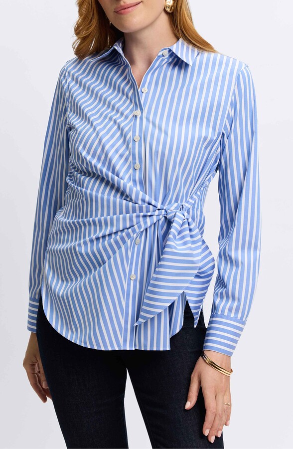Foxcroft Sabine Stripe Side Tie Button-Up Shirt
