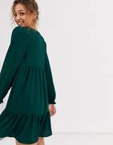 Thumbnail for your product : ASOS Design DESIGN v neck mini smock dress with pep hem-Green