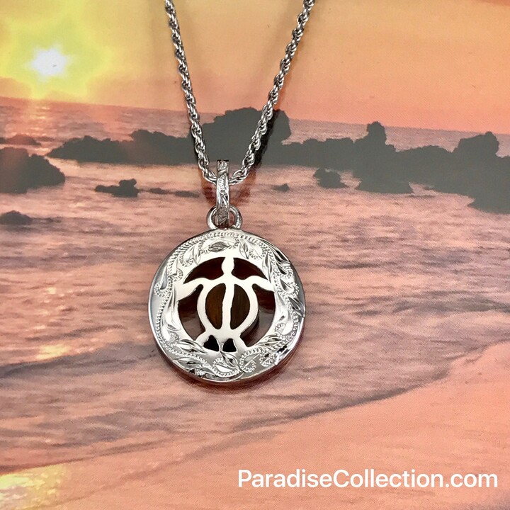 Etsy sterling Silver Hawaiian Koa Wood Engraved Honu in Circle Pendant | P1246 With Optional Rhodium Rope Chain