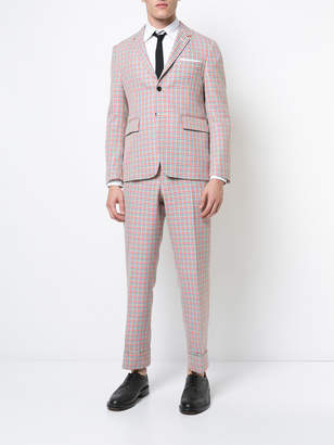 Thom Browne Mid-Rise Unconstructed Backstrap Trouser In Hopsack Check Double Woven Wool Crepe With Red, White And Blue Stripe Back
