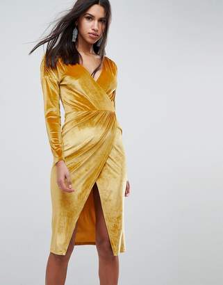 ASOS Design Gold Velvet Wrap Midi Dress