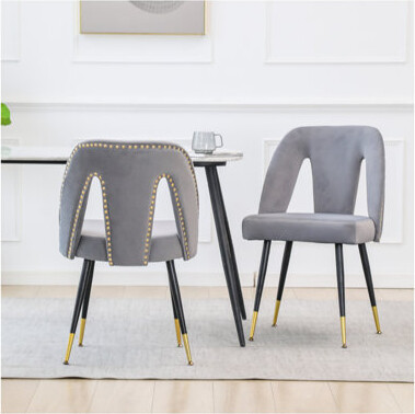 Mercer41 Akoya Collection Modern Dining Chairs Set of 2, Contemporary Velvet Upholstered with Nailheads and Gold Tipped Black Metal Legs, Gray