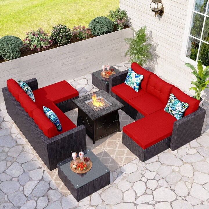 7pc Steel & Wicker Outdoor Set with Cushions & Fire Pit Table Red