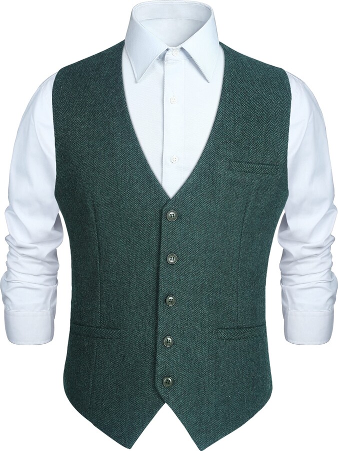 HISDERN Waistcoats for Men Tweed Waistcoat Solid Waistcoats Herringbone