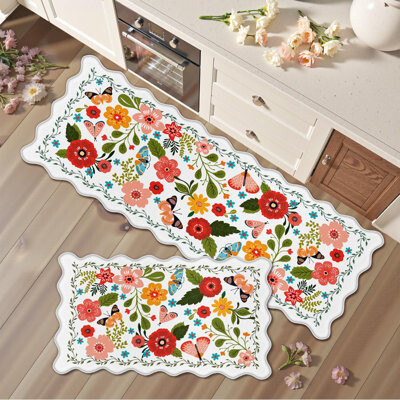 Lark Manor Scalloped Kitchen Mats For Floor 2PC Cushioned Anti Fatigue Kitchen Mats Rugs Waterproof Non Slip Farmhouse Boho Floral Comfort Foam Standing Mat For