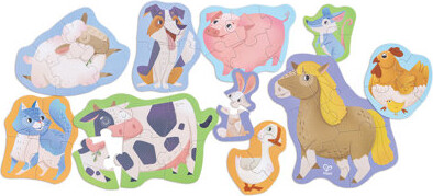 Hape Farmyard Friends Puzzle - 10 Mini Animal Shaped Puzzles, 2-6 Oversized Pieces Each, Colorful Design, Preschool Toy, Toddlers & Kids Ages 18mo+