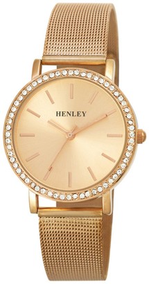 Henley Fashion Watch with Fashionable Mesh Strap and Diamante Case Women's Quartz Watch with Rose Gold Dial Analogue Display and Rose Gold Stainless Steel Gold Plated Bracelet H0724644