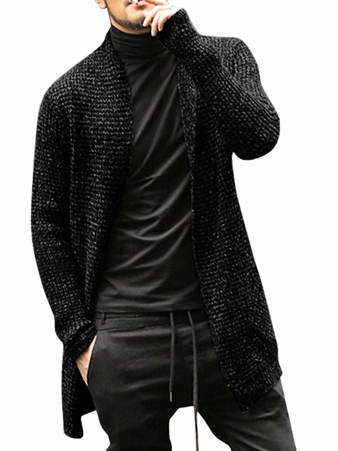 Gemijacka Mens Open Front Longline Cardigan Sweater Cable Knit Ribbed