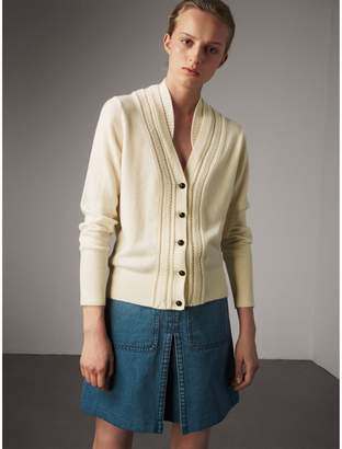 Burberry Cable Knit Detail Cashmere Cardigan, White