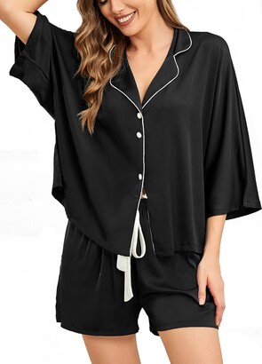 Womens Silk Satin Pajamas Set 2 Piece Button Down Sleepwear Loungewear  Pajamas for Women Soft Comfy Short Sleeve Loungewear Two-Piece Pj Set