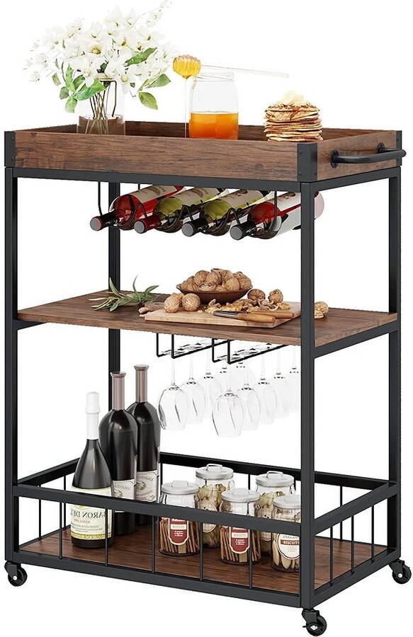 Howcool 3 Tier Bar Cart, Industrial Kitchen Islands Rolling Cart with