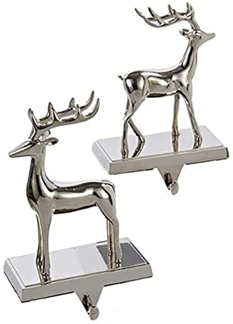 Kurt Adler Metal Festive Seasonal Ornament Reindeer Decor Stocking Hangers with Front Hook for Hanging Holiday Stockings, Silver (2 Pack)