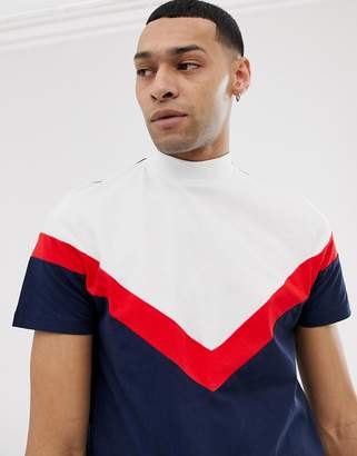 ASOS DESIGN longline t-shirt with turtleneck and chevron cut and sew in navy
