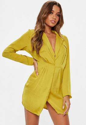 Missguided Chartreuse Satin Pocket Detail Collar Shift Dress