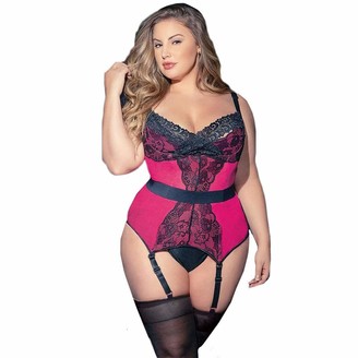 TOPKEAL Women Plus Size Lace Corest Thong Sexy Lingerie Set Underwear Nightgown Nighties Bodysuit with Garter 3-5XL Hot Pink