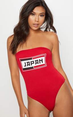 PrettyLittleThing Red Japan Slogan Bandeau Thong Bodysuit
