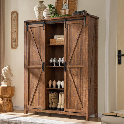 Rebrilliant Farmhouse Shoe Storage Cabinet With 2 Flip Drawers & Sliding Door