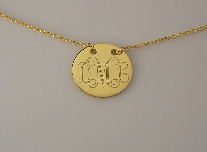Etsy Monogram Necklace 14K Yellow Gold Plated Custom Engraved Personalized 7/8 Inch Round Disc With Adjustable Length Chain - Hand