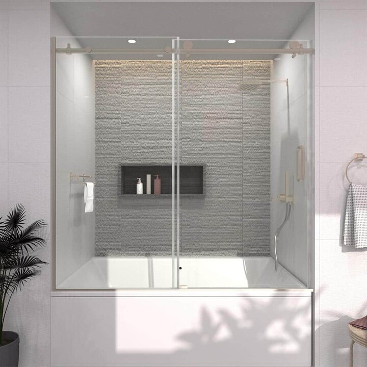 60 in. W. x 60 in. H Sliding Semi Frameless Tub Door in Brushed Nickel Finish with Clear Glass