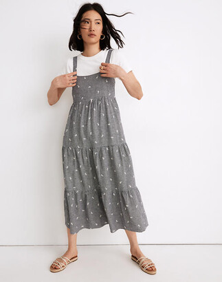 Madewell Embroidered Tiered Midi Dress in Gingham Check