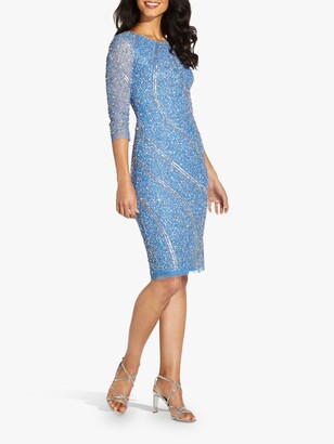 Adrianna Papell Long Sleeve Embellished Cocktail Knee Length Dress, Ocean Dream
