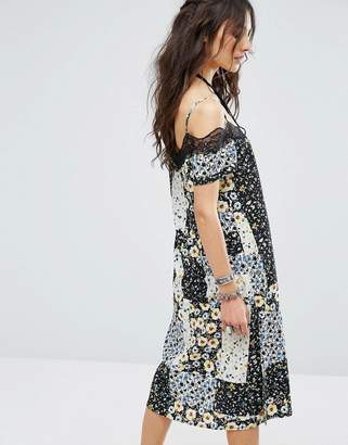 Glamorous Cami Slip Dress In Mixed Print With Lace Trim