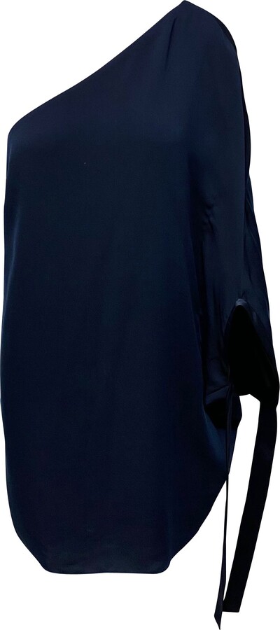 One Shoulder Dress in Navy Blue Polyester