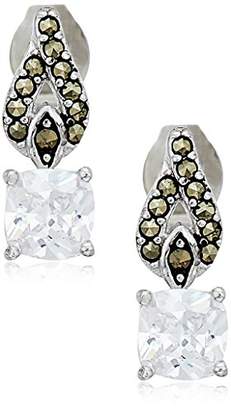 Sterling Silver AAA Cubic Zirconia Cusion with Teardrop Pave Marcasite Post Stud Earrings
