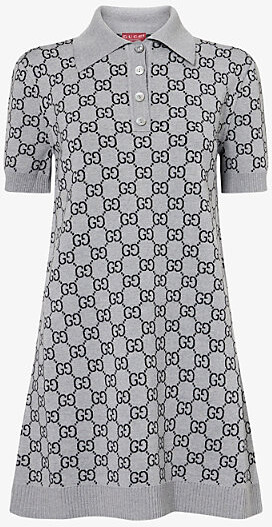 Womens Smoke Grey Black Monogram V-Neck Knitted Wool Polo Dress Xs