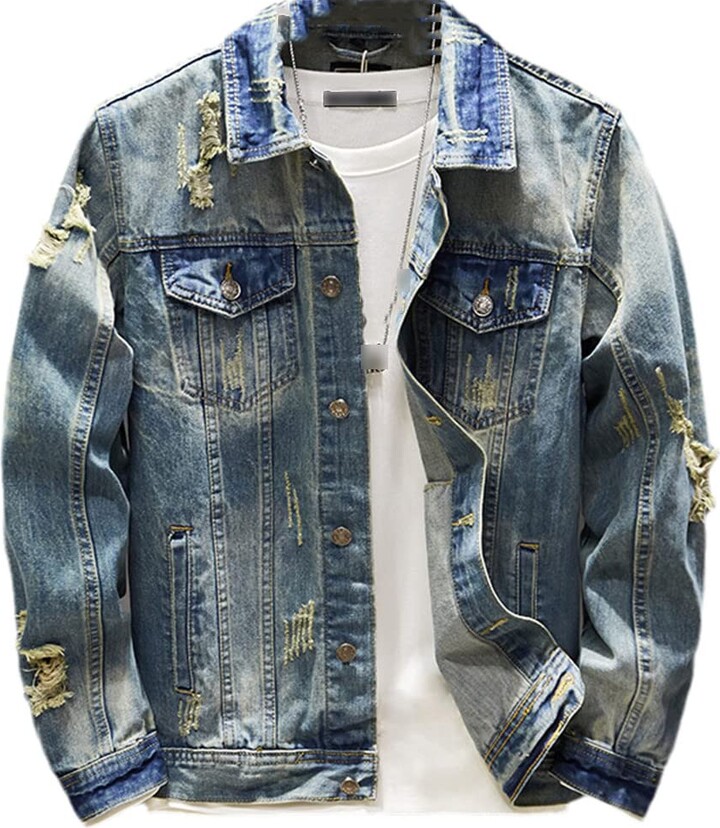 Kelsiop Men's Ripped Denim Jacket Skinny Stretch Vintage