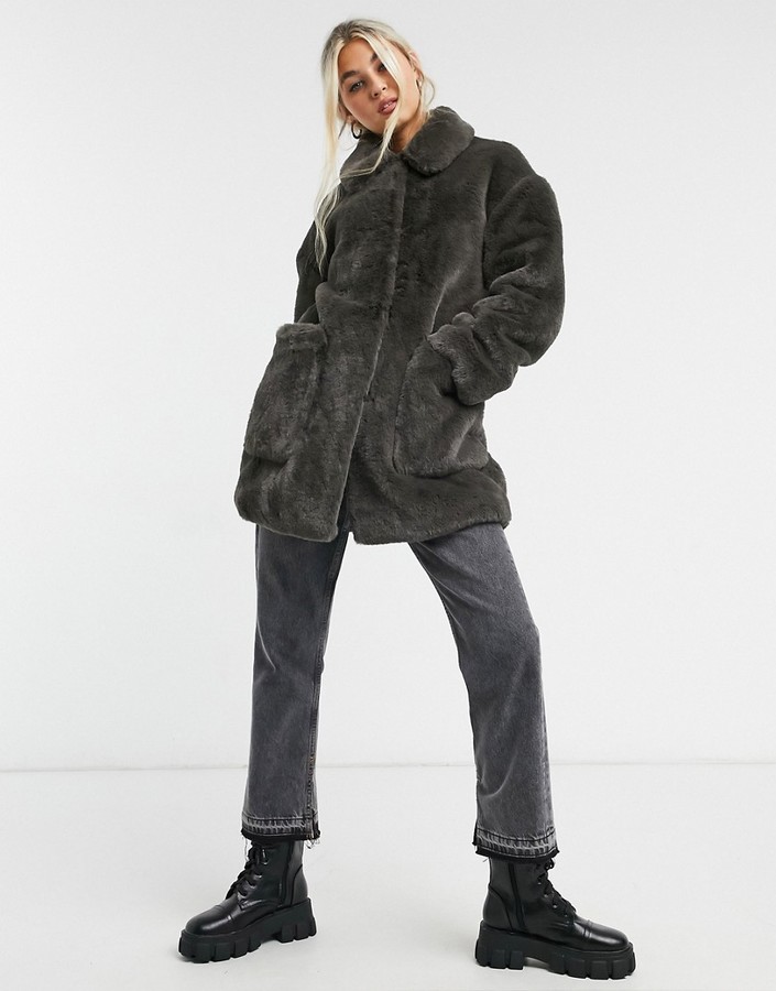 Topshop faux-fur coat in charcoal - ShopStyle