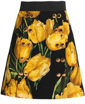 Dolce & Gabbana Button-Embellished Floral-Print Wool-Crepe Skirt