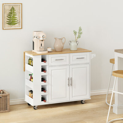 Lark Manor Multi-Functional Kitchen Island Cart With 2 Door Cabinet And Two Drawers,Spice Rack, Towel Holder, Wine Rack, And Foldable Rubberwood Table Top