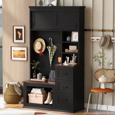 Modern Hall Tree with Storage Bench, Coat Rack, Shelves & Drawers – 40.2'' Wide Entryway Organizer for Home
