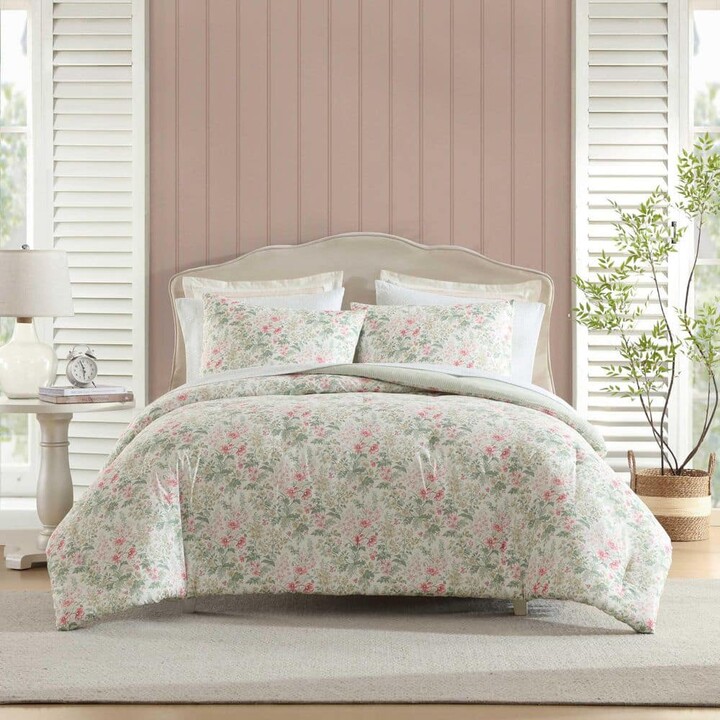 Laura Ashley Arden Floral 4-Piece Pink/Sage Green Polyester Twin Xl Comforter Set