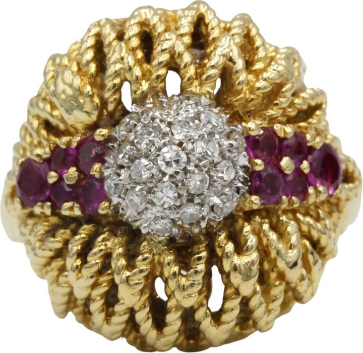 1stDibs 1960s Retro Textured 18k Yellow Gold Diamond & Ruby Ring, 11.1 G, Fr 55 (us 7)