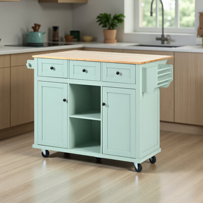 53" Kitchen Island Cart with Drop-Leaf Countertop - Mobile Storage Cabinet with 3 Drawers, Refrigerator-Style Racks & 5 Wheels