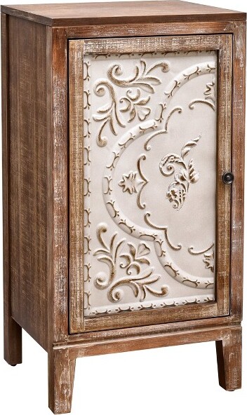 eHemco eHemcoVintageFlorentineEndTablewithFloralDoorPanel,16.5x14x31Inches,IndoorStorageCabinet,NaturalandCreamFinish