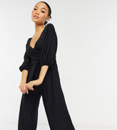 Thumbnail for your product : ASOS Petite DESIGN petite wrap front textured smock jumpsuit in black