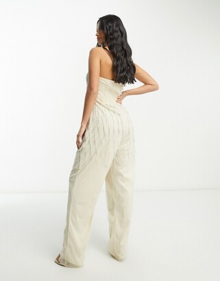 rand pad oogsten Lace & Beads Petite exclusive dripping crystal sheer jumpsuit in champagne  - ShopStyle Clothes and Shoes
