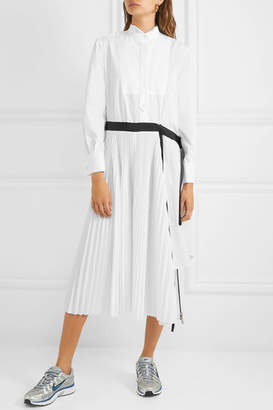 Sacai Belted Pleated Poplin And Pique Midi Dress - White