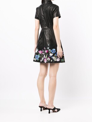 Shanghai Tang Floral-Embroidered Leather Shirt Dress