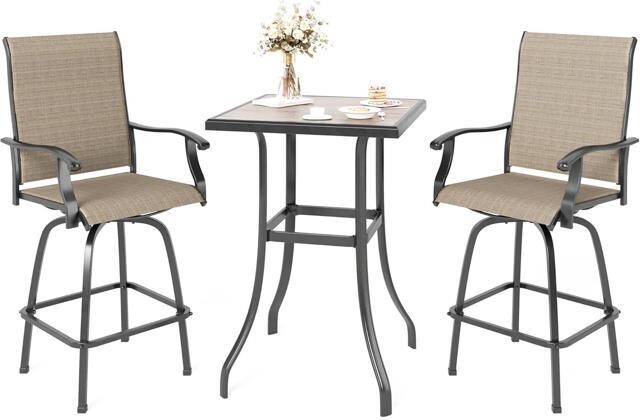 kolitt MFSTUDIO 3 PCS Patio Bar Set with 2 Swivel Bar Stools (Breathable Sling Fabric) and 1 Table, Bar Height Bistro Set for 2