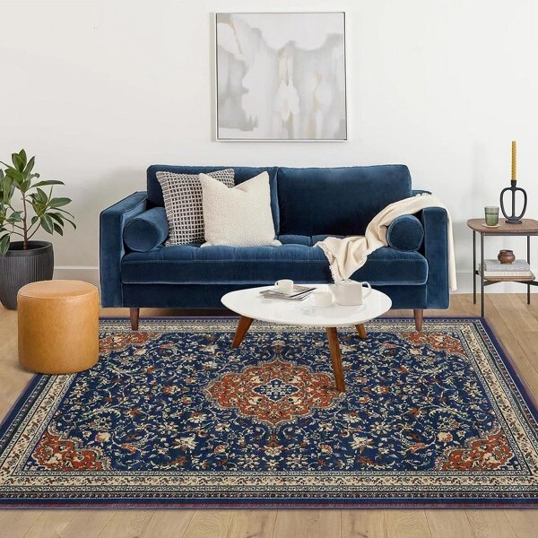 AcekoolNavy&OrangeDistressedRug-Non-SheddingIndoorRunnerforHallwaysBedrooms&LivingSpaces