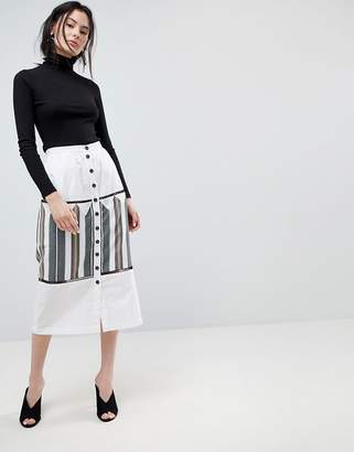 ASOS Design DESIGN midi skirt with button front and stripe detail